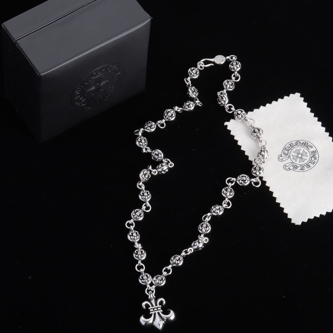 Chrome Hearts Sterling Silver Fleur-de-lis Rosary Necklace